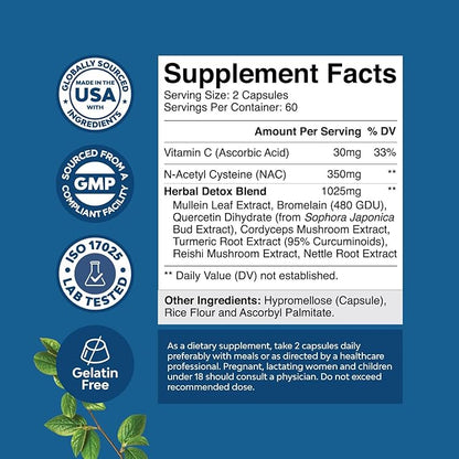 Lung Detox Mullein Leaf Capsules - Purifying Mullein Lung Cleanse Complex with NAC Quercetin & Cordyceps Extracts - Mullein Leaf Herb Respiratory Supplement for Sinus Immunity & Breathing Support