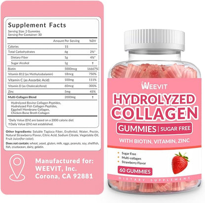 Sugar Free Collagen Gummies for Women, 2000mg Protein Type I,II,III,V,X with 5000mcg Biotin Vitamin C D B12, Hydrolyzed Collagen Peptides Gummies for Immune Digestion Skin Hair Nails Energy Bone Joint