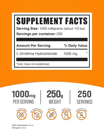 BulkSupplements.com L-Ornithine HCl Powder - L-Ornithine Hydrochloride, Ornithine Supplement - Amino Acids Supplement, Gluten Free, 1000mg per Serving, 250g (8.8 oz) (Pack of 1)