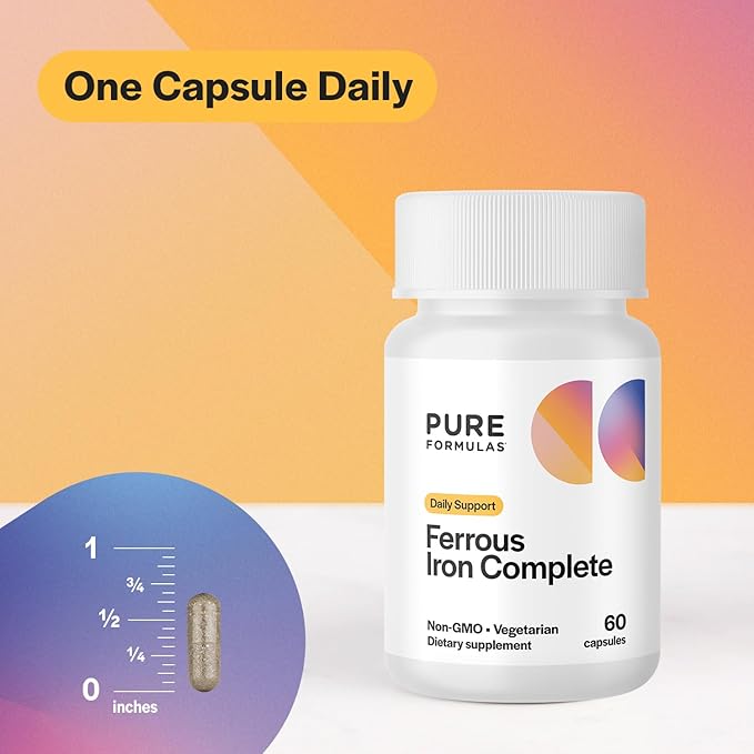 Ferrous Iron Complete: 29 mg Iron Supplement Iron with Vitamin C, Vitamin B12, B6, Thiamin and Folate Blood Support Iron Supplement for Men & Women Iron Pills Without GI Side Effects - 60 Capsules