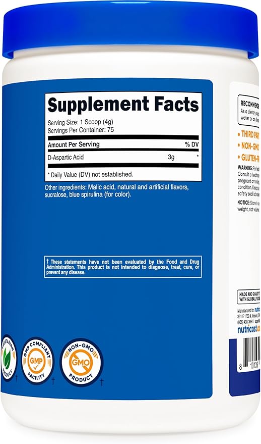 Nutricost D-Aspartic Acid (DAA) Powder 300G (Blue Raspberry) - Flavored D-Aspartic Acid Powder Supplement