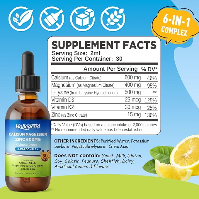 Liquid Calcium Citrate Drops with L-Lysine 500mg, Magnesium & Zinc, Calcium Citrate 600mg Supplement with Vitamin D3 & K2 for Kids & Adults, Muscle & Bone Support, Immune, Brain & Lip Health, 2 Fl Oz