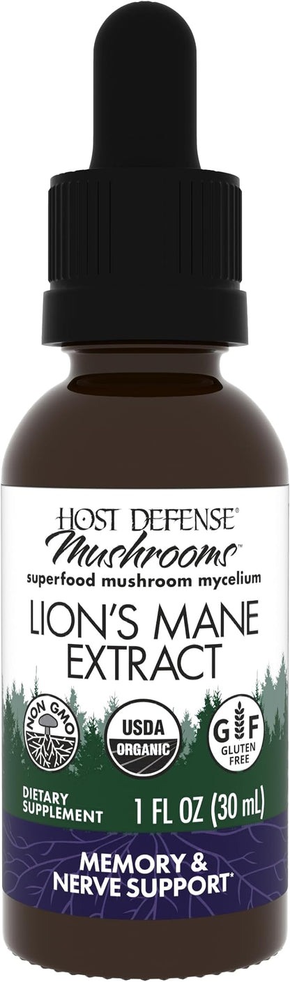 Host Defense Lion's Mane Extract - Brain Health Support Supplement - Mushroom Supplement to Support Focus & Memory Function - Immune & Nervous System Support Supplement - 1 fl oz (30 Servings)*