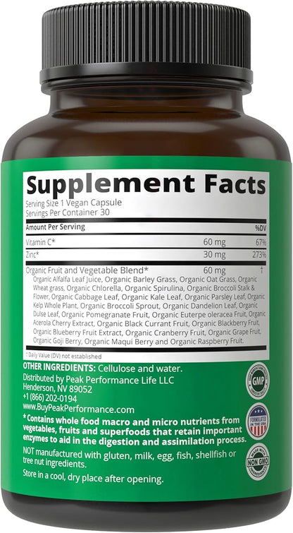 Vegan Zinc Supplement with Vitamin C + Whole Food Blend of 25 Vegetables and Fruits for Max Absorption. Zinc Supplements Zinc 30mg Capsules, Pills, Tablets, Vitamins for Adults Both Men and Women