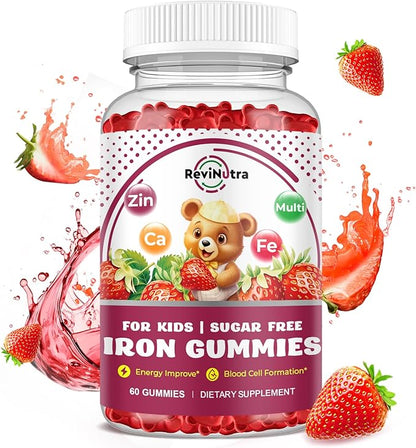Iron Supplement Gummies for Kids - with Calcium, Zinc, Kids Multivitamin with Iron Gummies - Immune Support, Blood Builder & Energy Support for Iron Deficiency, Anemia, Vegan - 60 Gummies