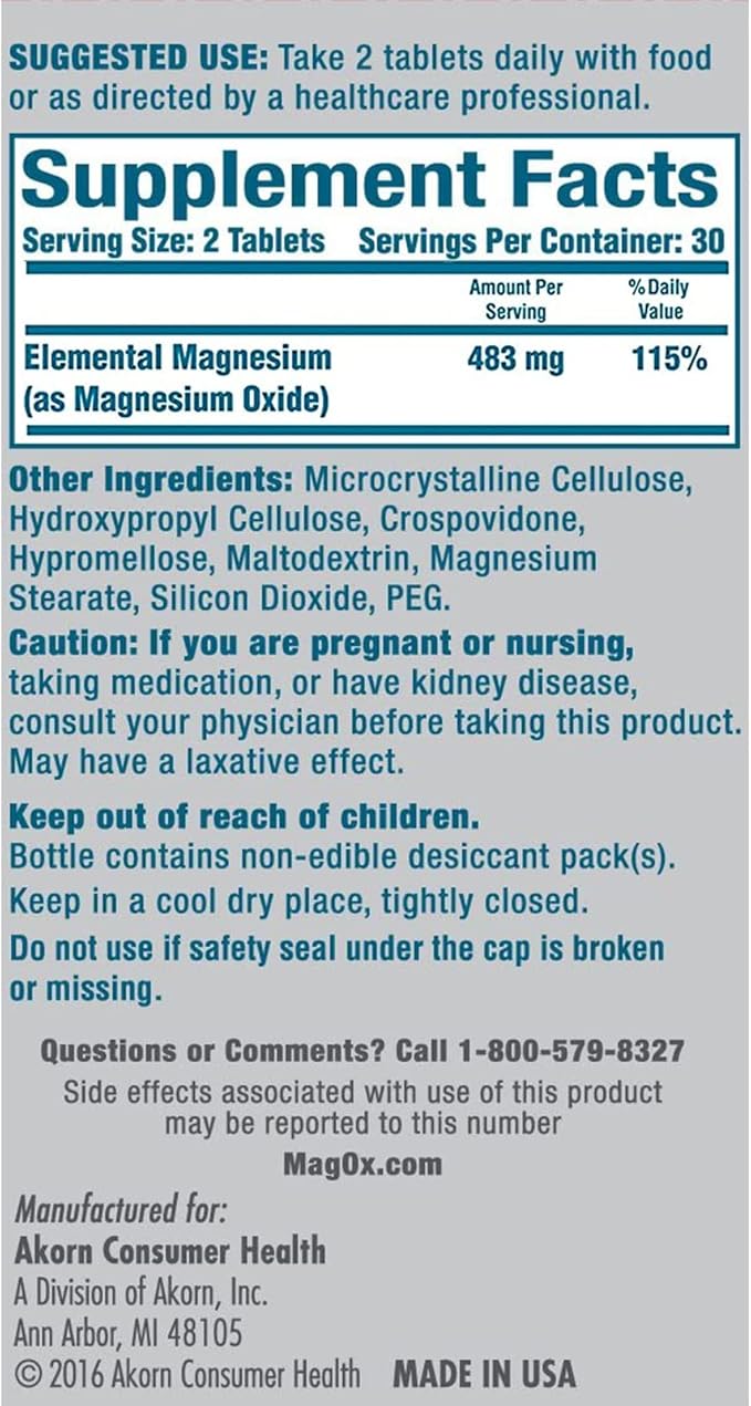 Mag-Ox 400 Magnesium Mineral Dietary Supplement Tablets, 483 mg Magnesium Oxide, 60 Count
