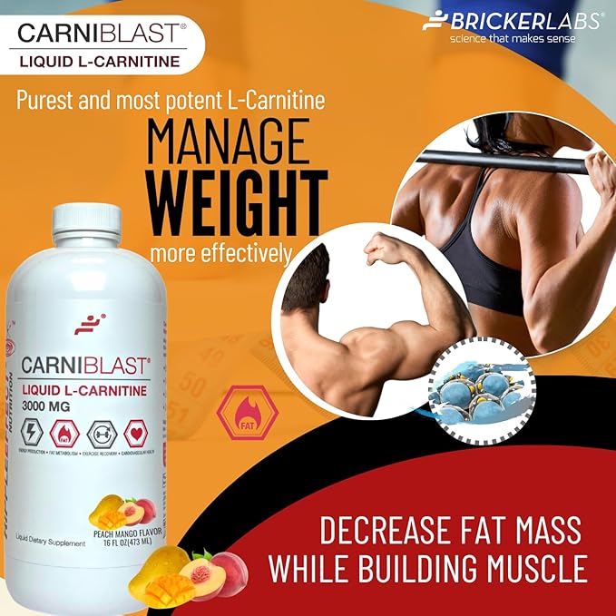 CARNIBLAST Liquid L-Carnitine 3000mg, Premium L Carnitine Carnipure, Sports Nutrition, Energy Supplement and Energy Booster, Peach Mango 16 fl oz