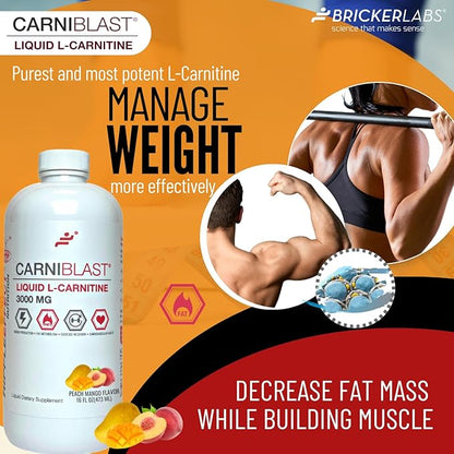 CARNIBLAST Liquid L-Carnitine 3000mg, Premium L Carnitine Carnipure, Sports Nutrition, Energy Supplement and Energy Booster, Peach Mango 16 fl oz