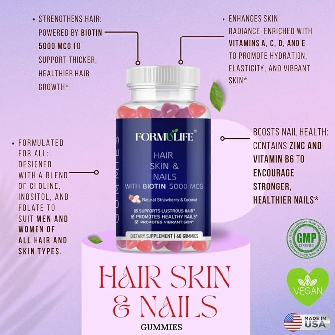 Hair Skin and Nails Gummies 60 Count - Supports Healthy Hair, Nails - Biotin 5000MCG, Vitamins for Men & Women, Stronger Nails, Healthy Skin, Hair Growth, Vegan, High Potency