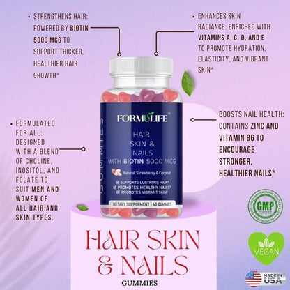 Hair Skin and Nails Gummies 60 Count - Supports Healthy Hair, Nails - Biotin 5000MCG, Vitamins for Men & Women, Stronger Nails, Healthy Skin, Hair Growth, Vegan, High Potency