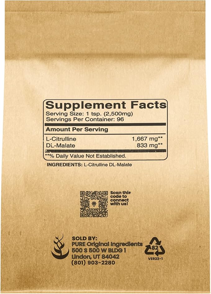 Pure Original Ingredients L-Citrulline DL-Malate Supplement Powder, Vegetarian, Lab-Verified
