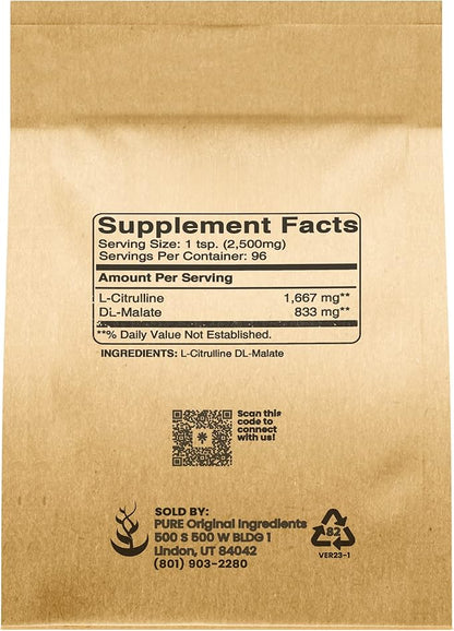 Pure Original Ingredients L-Citrulline DL-Malate Supplement Powder, Vegetarian, Lab-Verified