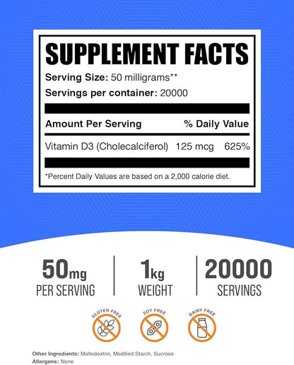 BulkSupplements.com Vitamin D3 Powder - Cholecalciferol, Vitamin D Supplements, Vitamin D3 5000 IU - Gluten Free, 50mg (125mcg of Vitamin D3) per Serving, 1kg (2.2 lbs) (Pack of 1)