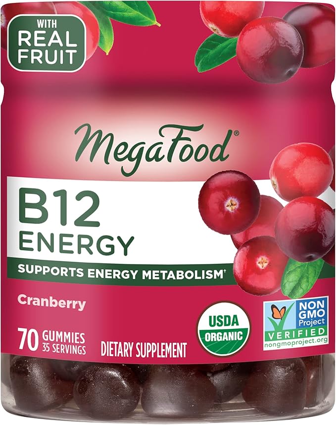 MegaFood Vitamin B12 Energy Gummies - Vegan - With Methyl B12 Vitamins to Support Cellular Energy Production - Cranberry - Daily Vitamin B12 Supplement - USDA Organic - 70 Gummies, 35 Servings
