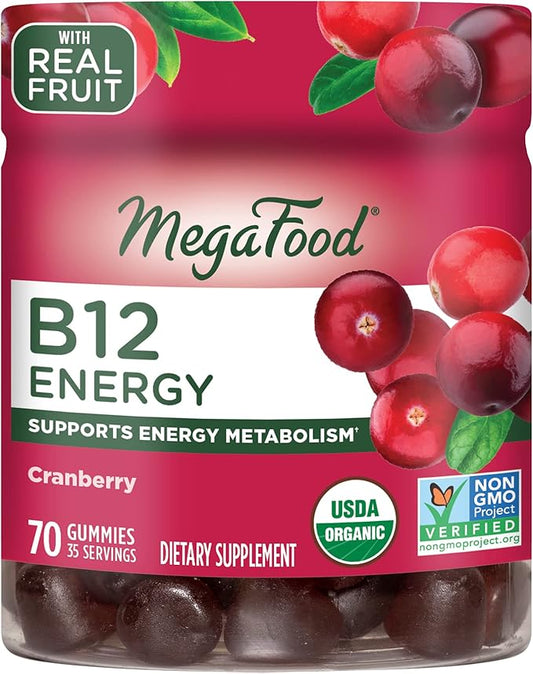 MegaFood Vitamin B12 Energy Gummies - Vegan - With Methyl B12 Vitamins to Support Cellular Energy Production - Cranberry - Daily Vitamin B12 Supplement - USDA Organic - 70 Gummies, 35 Servings