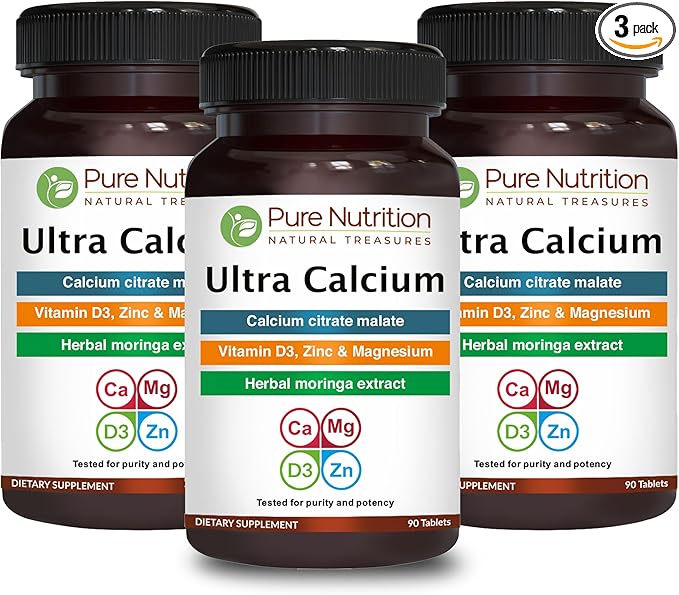 Pure Nutrition Ultra Calcium Citrate Malate | 1000mg Highly absorbable Calcium Supplement with Calcium Citrate Malate, Vitamin D3, Zinc and Magnesium | Non-GMO | Gluten-Free | 90 Veg Tabs-(Pack of 3)