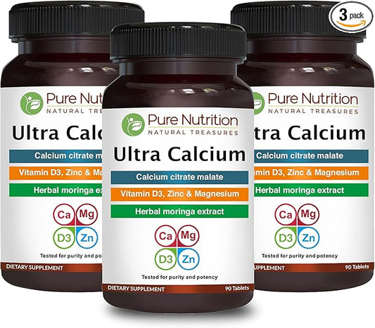 Pure Nutrition Ultra Calcium Citrate Malate | 1000mg Highly absorbable Calcium Supplement with Calcium Citrate Malate, Vitamin D3, Zinc and Magnesium | Non-GMO | Gluten-Free | 90 Veg Tabs-(Pack of 3)