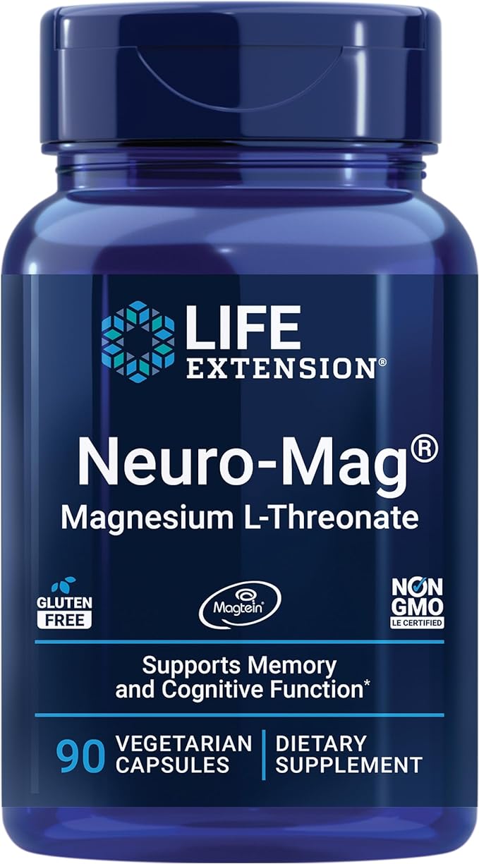 Life Extension Neuro-mag Magnesium L-threonate, Magtein, Magnesium Supplement, Brain Health, Memory & Attention, Gluten Free, Vegetarian, Non-GMO, 90 Vegetarian Capsules