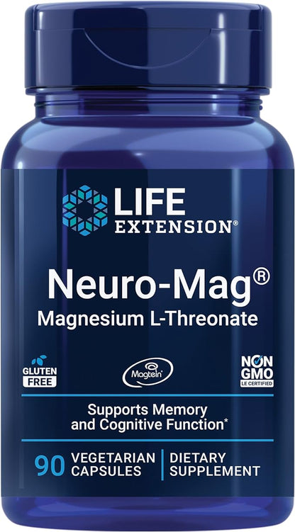 Life Extension Neuro-mag Magnesium L-threonate, Magtein, Magnesium Supplement, Brain Health, Memory & Attention, Gluten Free, Vegetarian, Non-GMO, 90 Vegetarian Capsules