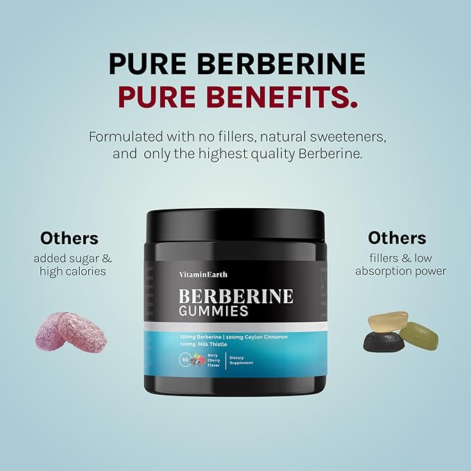 Berberine Gummies with Berberine HCL, Ceylon Cinnamon & Milk Thistle for Immune and Metabolism Support - Berry Cherry Flavor - 60 Count