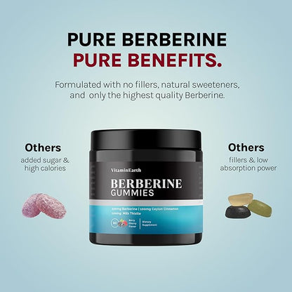 Berberine Gummies with Berberine HCL, Ceylon Cinnamon & Milk Thistle for Immune and Metabolism Support - Berry Cherry Flavor - 60 Count