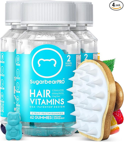 Sugarbear Hair Vitamin Gummy 6 Month Supply Extra Strength Biotin 6000mcg + Bamboo Scalp Massager Growth for Men & Women, Vegan Vitamin B12, Inositol, Elderberry, Certified Kosher, Halal, Cruelty-Free