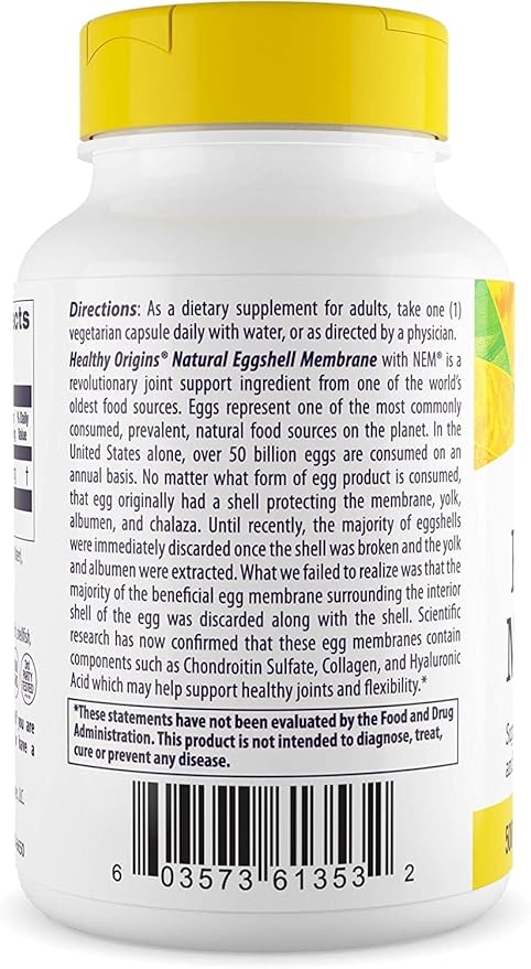 Healthy Origins Eggshell Membrane (NEM), 500 mg - Natural Collagen and Joint Support Supplement - Gluten-Free Supplement - 60 Veggie Capsules