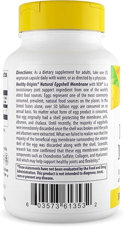 Healthy Origins Eggshell Membrane (NEM), 500 mg - Natural Collagen and Joint Support Supplement - Gluten-Free Supplement - 60 Veggie Capsules