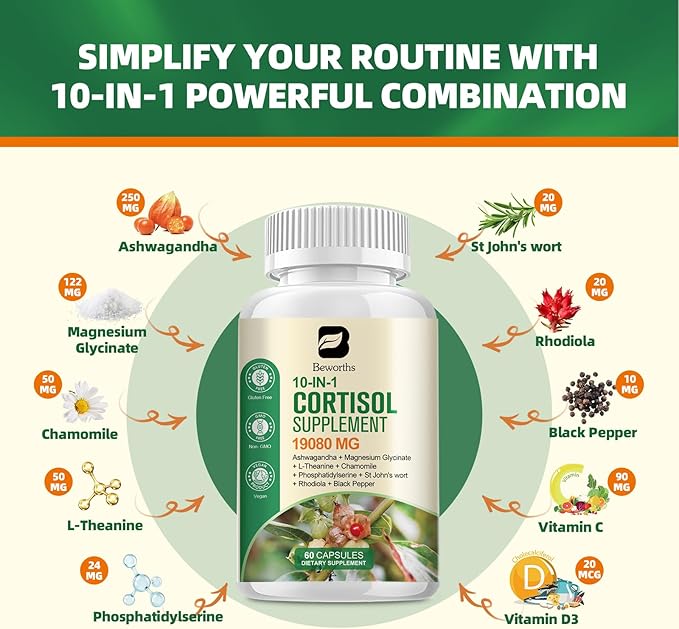 Cortisol Supplement, 10-in-1 Cortisol Reducer Manager Supplements for Women with Ashwagandha, Magnesium Glycinate, L-Theanine, Rhodiola, Calm Zzz & Mood Support, Non-GMO, 60 Vegan Capsules