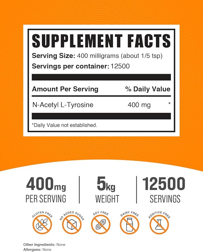 BulkSupplements.com N-Acetyl L-Tyrosine Powder -Tyrosine Supplement, NALT Powder - Amino Acid Supplement, Unflavored & Gluten Free, 400mg per Serving, 5kg (11 lbs) (Pack of 5)