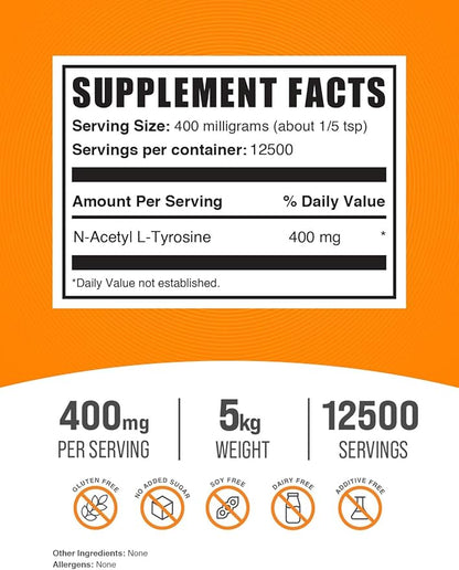 BulkSupplements.com N-Acetyl L-Tyrosine Powder -Tyrosine Supplement, NALT Powder - Amino Acid Supplement, Unflavored & Gluten Free, 400mg per Serving, 5kg (11 lbs) (Pack of 5)
