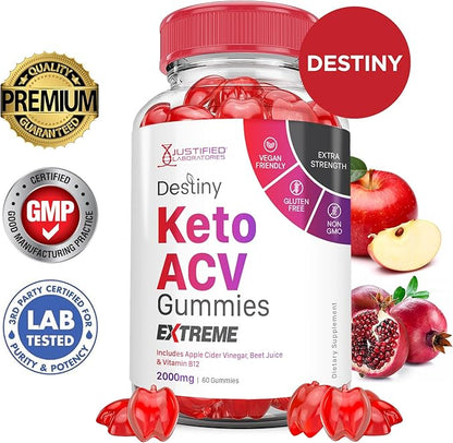 (3 Pack) Destiny Keto ACV Gummies Extreme 2000MG Destiny Keto Gummies Advanced Formula Apple Cider Vinegar with Pomegranate Beet Juice Powder B12 Vegan Non GMO 180 Gummys