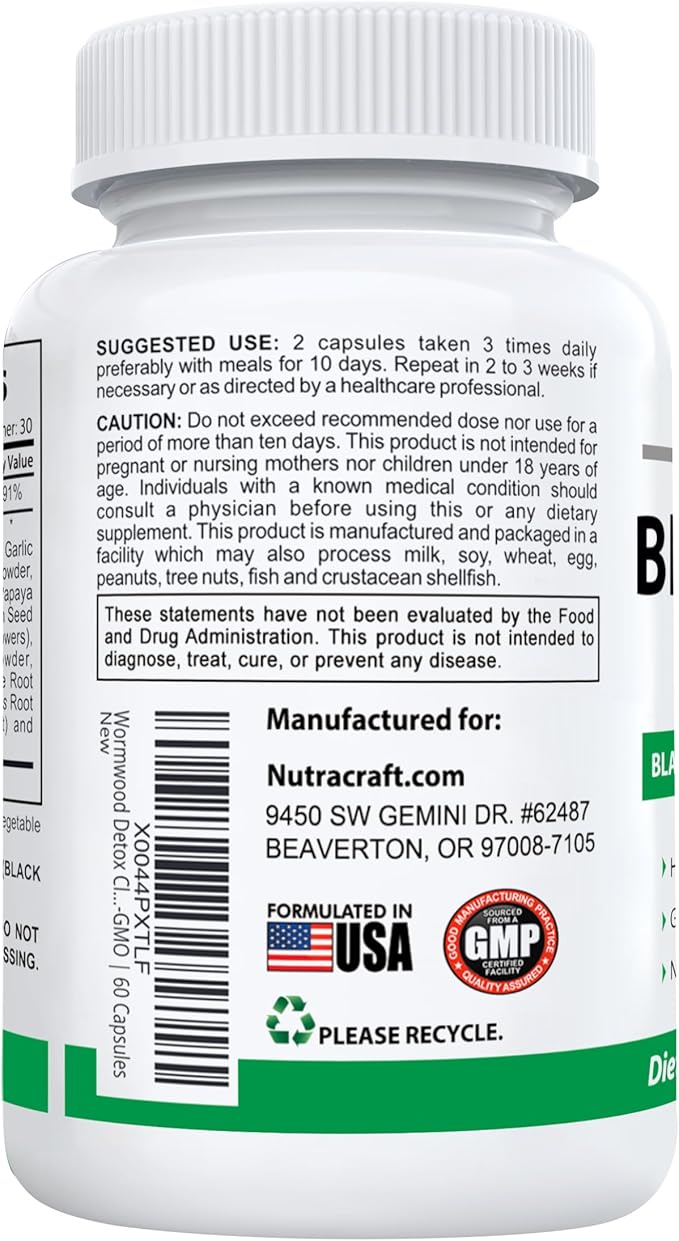 Black Walnut Detox Cleanse Supplement | Black Walnut, Wormwood, Clove, PAU D'Arco, Pumpkin Seed, Garlic, Zinc | Intestinal Guard for Humans | 60 Capsules
