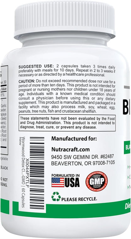 Black Walnut Detox Cleanse Supplement | Black Walnut, Wormwood, Clove, PAU D'Arco, Pumpkin Seed, Garlic, Zinc | Intestinal Guard for Humans | 60 Capsules