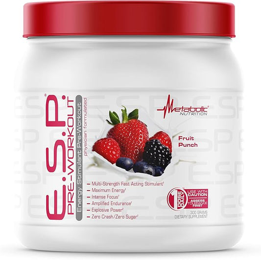 Metabolic Nutrition, ESP, Energy and Endurance Stimulating Pre Workout, Pre Intra Workout, High Energy and Mental Focus, Stimulating Workout Supplement, Fruit Punch, 300 Grams (90 Servings)
