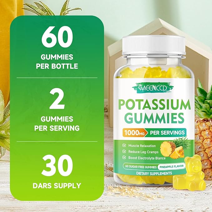 Potassium Citrate Gummies 1000mg, High Potency Potassium Supplement Gummies for Adults Women & Men, Potassium Gummies Support Leg Cramps & Muscle Health, Sugar-Free, Pineapple Flavor, 120 Count