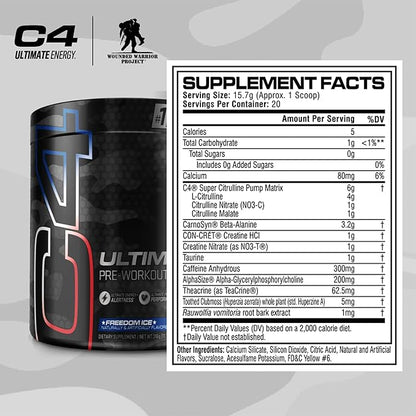 C4 Ultimate x Wounded Warrior Project Pre Workout Powder Freedom Ice - Sugar Free Preworkout Energy Supplement for Men & Women - 300mg Caffeine + 3.2g Beta Alanine + 2 Patented Creatines - 20 Servings
