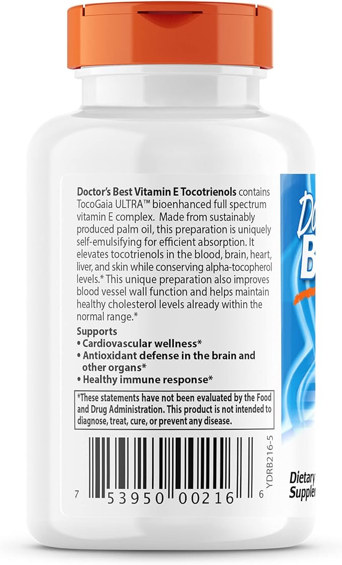 Doctor's Best Vitamin E Tocotrienols contains TocoGaia ULTRA™ bioenhanced full spectrum vitamin E complex, 60 Count