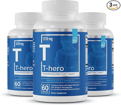 Essential Elements Male Health Supplement - Muscle Support & T-Health with DIM, Ashwagandha, Shilajit, More | T-Hero 60 Vegan Capsules (3-Pack)