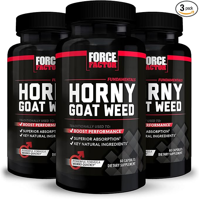 FORCE FACTOR Horny Goat Weed for Men, 3-Pack, Natural Male Drive & Vitality Supplement with Natural Ingredients for Superior Absorption, Fundamental Series, 750mg, 180 Capsules