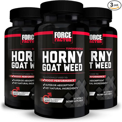 FORCE FACTOR Horny Goat Weed for Men, 3-Pack, Natural Male Drive & Vitality Supplement with Natural Ingredients for Superior Absorption, Fundamental Series, 750mg, 180 Capsules