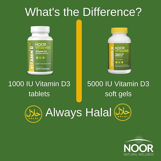 Noor Vitamins Halal Vitamin D, Halal Vitamin D3, 1000 IU Tablets, Supports Bone, Immune & Heart Health, Non-GMO, Gluten Free & Halal (60 Count)