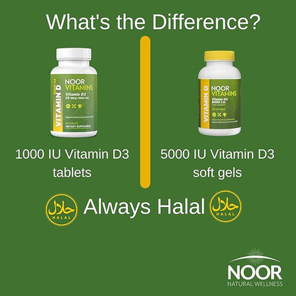 Noor Vitamins Halal Vitamin D, Halal Vitamin D3, 1000 IU Tablets, Supports Bone, Immune & Heart Health, Non-GMO, Gluten Free & Halal (60 Count)