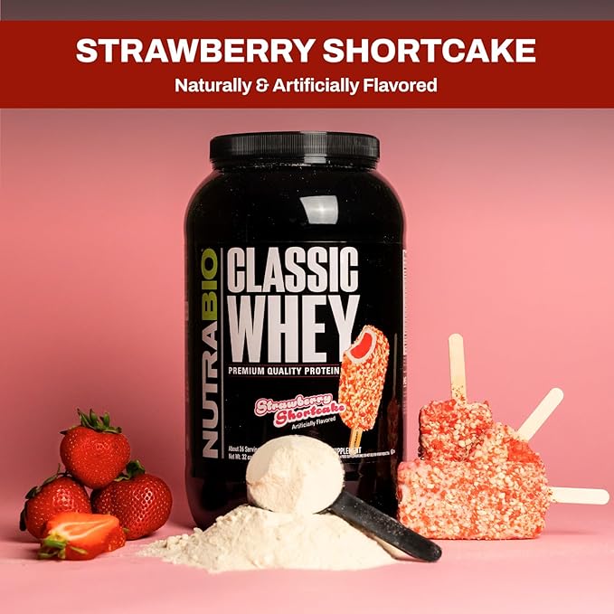 NutraBio Classic Whey Protein Powder Supplement - 25g of Protein Per Scoop - Full-Spectrum Amino Acid Profile with No Fillers, Artificial Colors, or Preservatives - Strawberry Shortcake, 2 Pounds