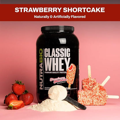 NutraBio Classic Whey Protein Powder Supplement - 25g of Protein Per Scoop - Full-Spectrum Amino Acid Profile with No Fillers, Artificial Colors, or Preservatives - Strawberry Shortcake, 2 Pounds