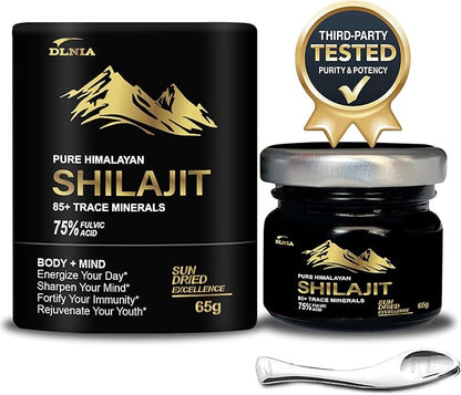 Shilajit Pure Himalayan Organic Shilajit Resin Supplement- Gold+ Grade with 85+ Trace Minerals with 75% Fulvic Acid, Overall Energy & Immune Support, Pure Shilajit for Men & Women, 65g
