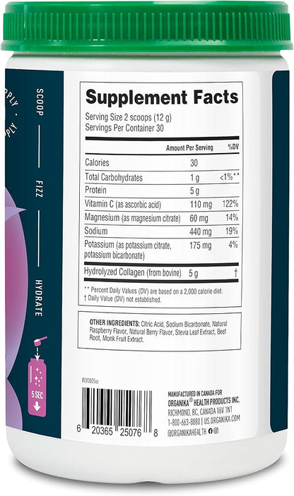 Organika Electrolytes + Enhanced Collagen- Wildberry Flavor- Sugar-Free Hydration + Protein 360 Gram - 30 Servings