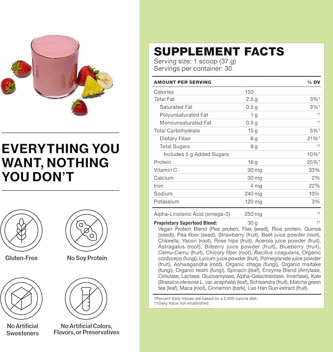 Shakeology Vegan Protein Powder - Gluten Free, Superfood Protein Shake - Helps Support Healthy Weight Loss, Lean Muscle Support, Manage Effects of Stress, Tropical Strawberry - 30 Serving Bag