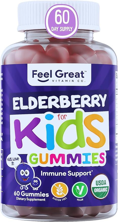 USDA Organic Elderberry Gummies for Kids | Kids Immune Support - Kids Elderberry Gummies with Zinc and Vitamin C - Gluten Free & Vegan Children's Vitamins - 60 Gummies | Sambucus Nigra Supplement