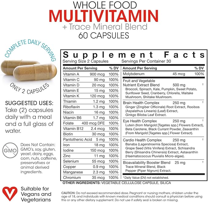Silver Fern Whole Food Daily Multi Vitamin w/Trace Mineral Blend Supplement - 4 Bottles - 60 Vegicaps Each - 120 Day Supply - Natural, Non-GMO, Vegan, Multivitamin - Zero Synthetics